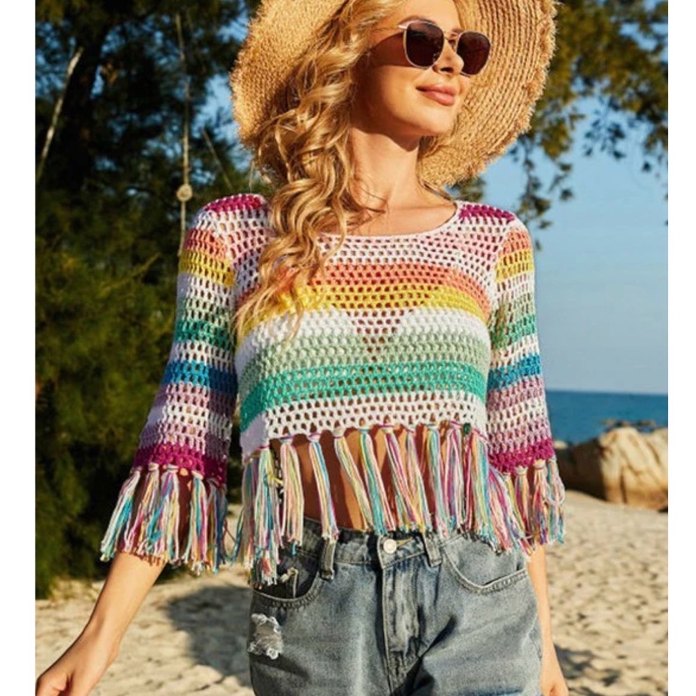 Boho Rainbow Crochet Fringe Crop Top